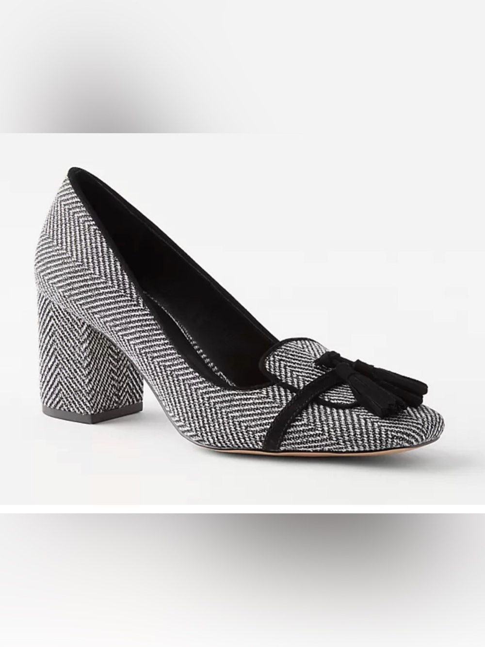 NEW ANN TAYLOR BLACK HERRINGBONE TASSEL HIGH BLOCK HEELS PUMPS SHOES SZ 7.5